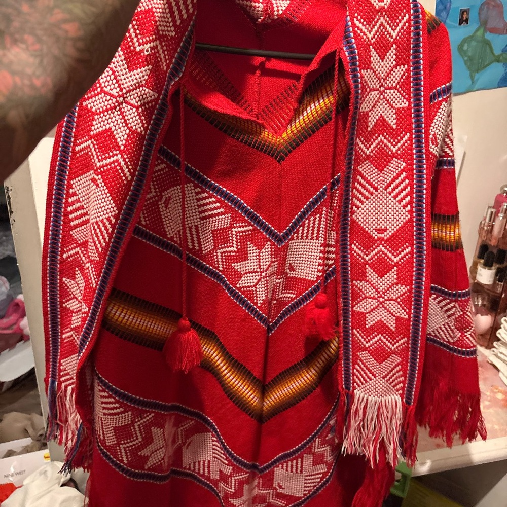 Red and White Patterned Poncho with Tassels